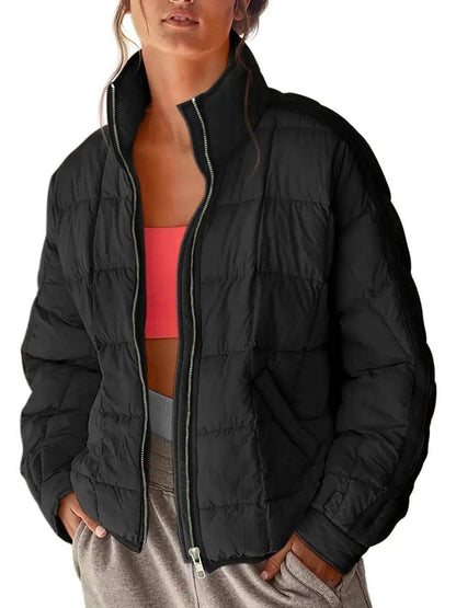 Pocketed Plaid Quilted Zip Up Winter Coat for Women - Selvanelle