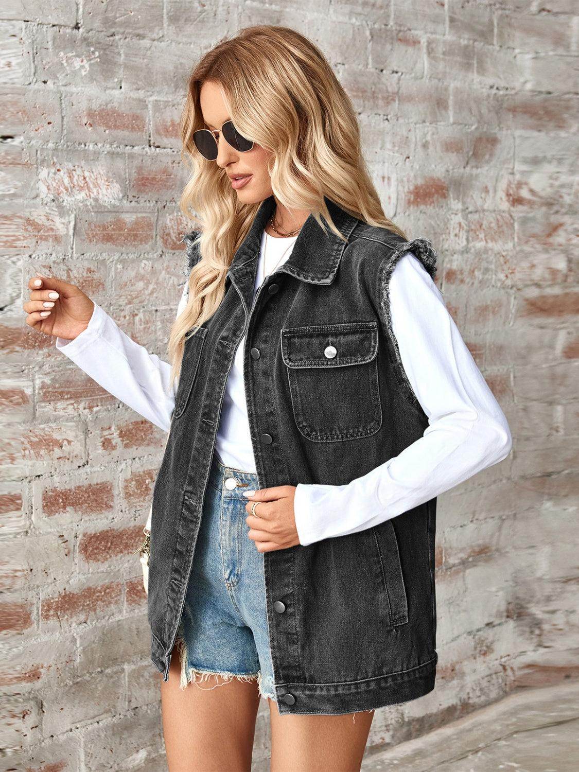 Raw Hem Sleeveless Button Up Denim Jacket for Women - Selvanelle