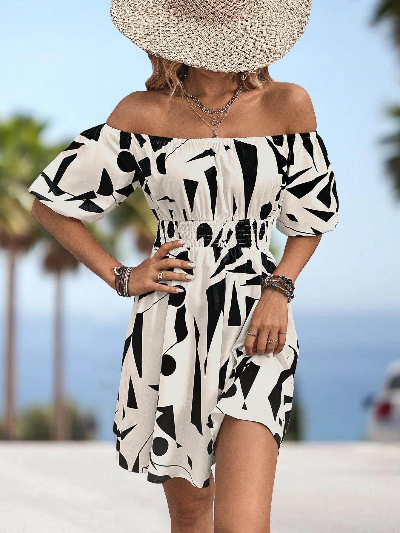 Printed Off-Shoulder Smocked Waist Dress for Women - Selvanelle