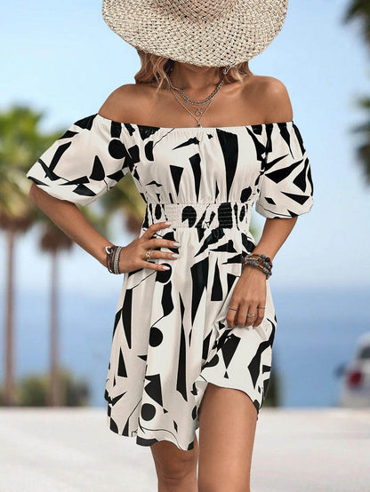 Printed Off-Shoulder Smocked Waist Dress for Women - Selvanelle