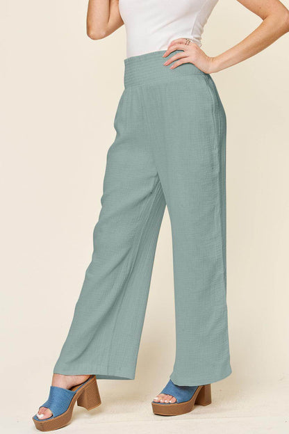 Double Take Full Size Texture Smocked Waist Wide Leg Pants For Women - Selvanelle