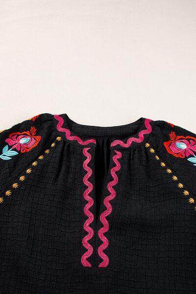 Floral Embroidered Notched Puff Sleeve Blouse for Women - Selvanelle