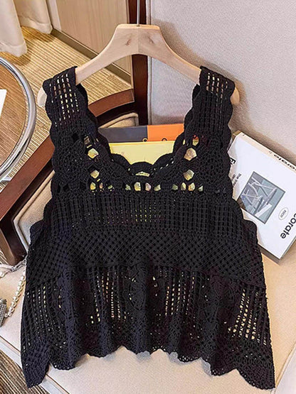 Openwork Scoop Neck Tank for Women in Sheer Cotton Style - Selvanelle