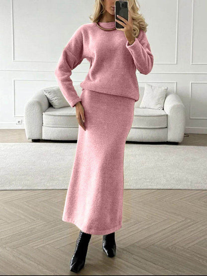 Round Neck Dropped Shoulder Top and Midi Skirt Sweater Set - Selvanelle