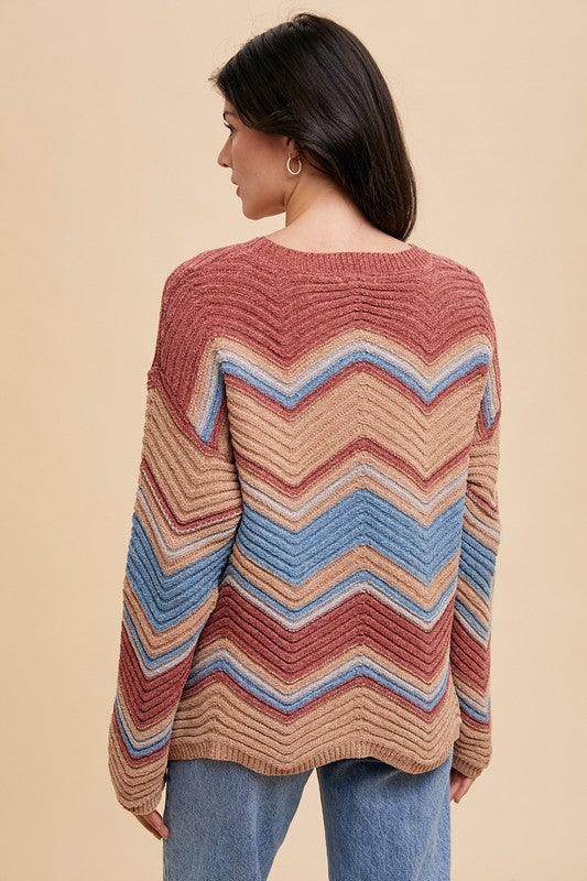 Annie Wear Multi Color Zig-Zag Round Neck Sweater for Women - Selvanelle