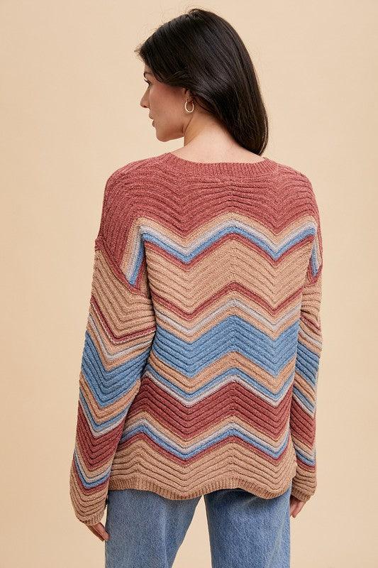 Annie Wear Multi Color Zig-Zag Round Neck Sweater for Women