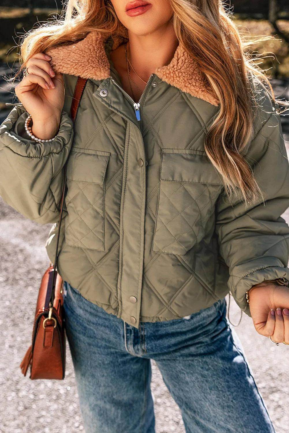 Drawstring Collared Neck Long Sleeve Winter Coat for Women - Selvanelle
