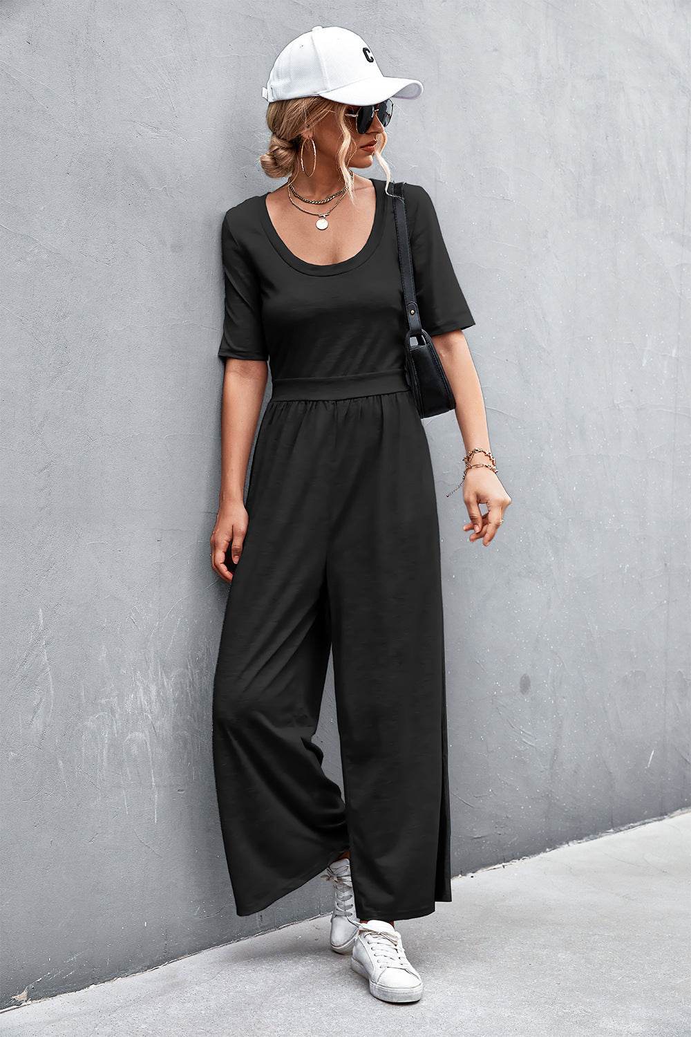 Scoop Neck Half Sleeve Wide Leg Jumpsuit - Selvanelle