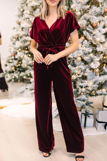 Drawstring Surplice Short Sleeve Jumpsuit - Selvanelle