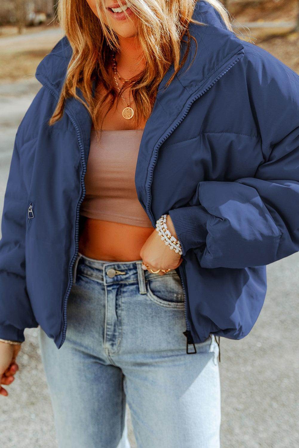 Zip Up Collared Neck Coat with Pockets for Women - Selvanelle