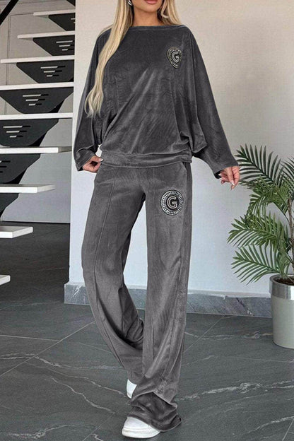 Full Size Boat Neck Long Sleeve Top and Pants Set Outfit - Selvanelle