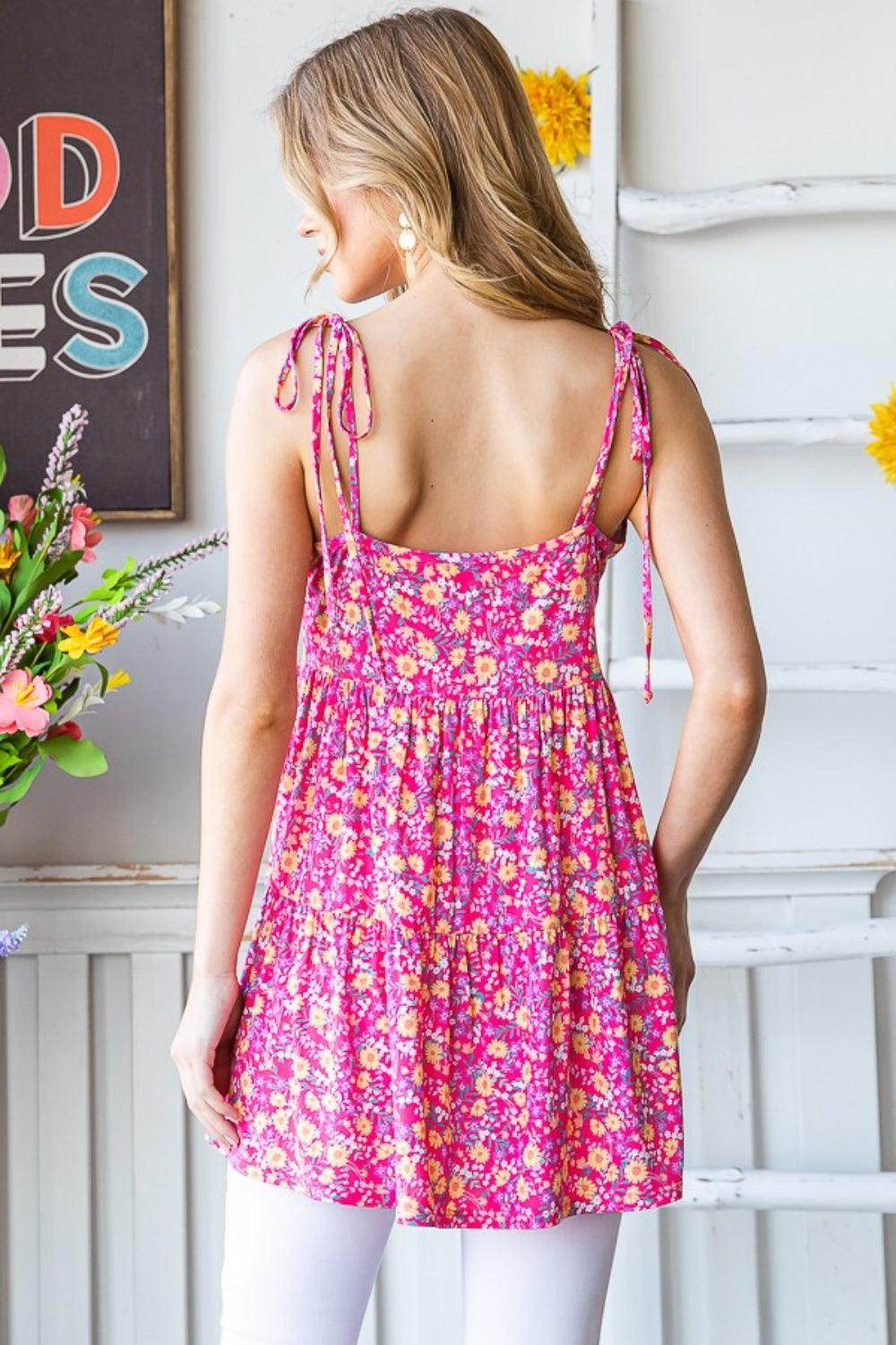 Heimish Full Size Floral Tie Shoulder Tiered Cami Top - Selvanelle
