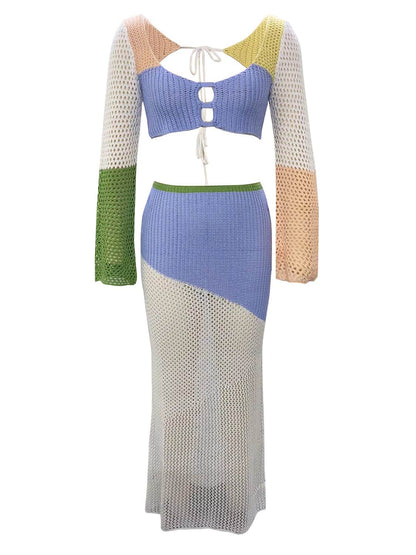 Tied Long Sleeve Top and Skirt Cover Up Set - Selvanelle