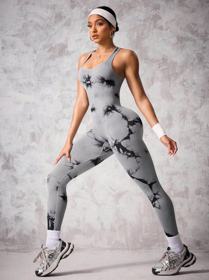 Back Crisscross Tie-Dye Scoop Neck Active Jumpsuit - Selvanelle