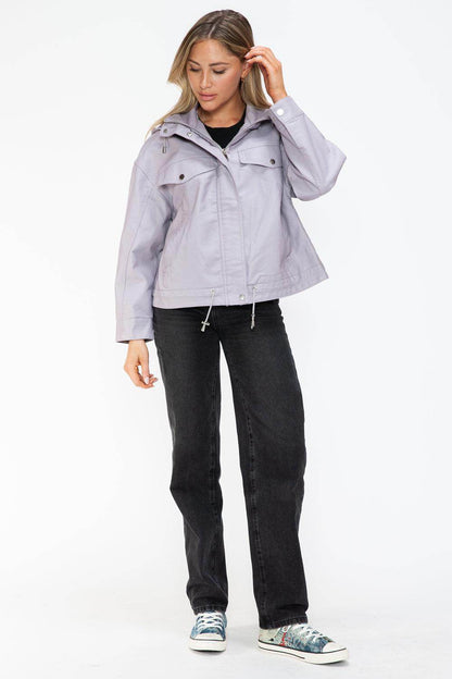 How Dare U Drawstring Hem PU Leather Zip Up Jacket Women - Selvanelle