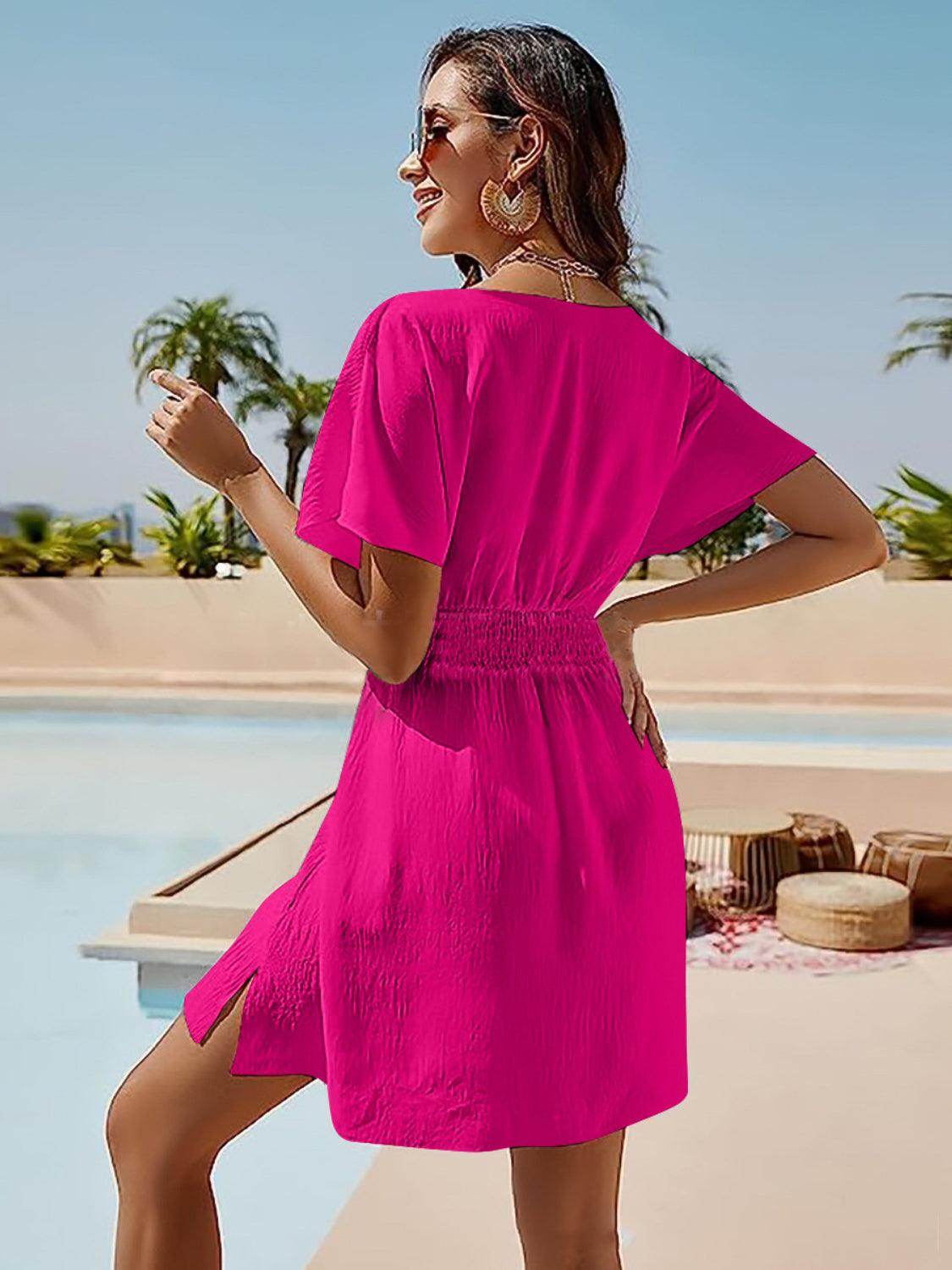 Smocked V-Neck Short Sleeve Dress for Effortless Style - Selvanelle