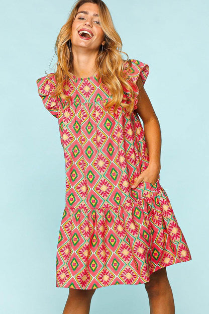 Haptics Full Size Ruffled Printed Dress with Side Pockets - Selvanelle
