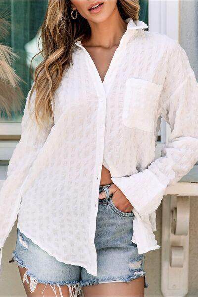 Texture Collared Neck Long Sleeve Shirt for Women - Selvanelle