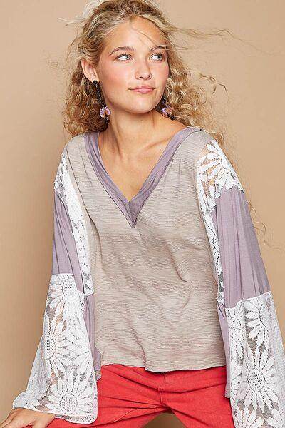 POL Lace Detail V-Neck Flare Sleeve Blouse for Women - Selvanelle