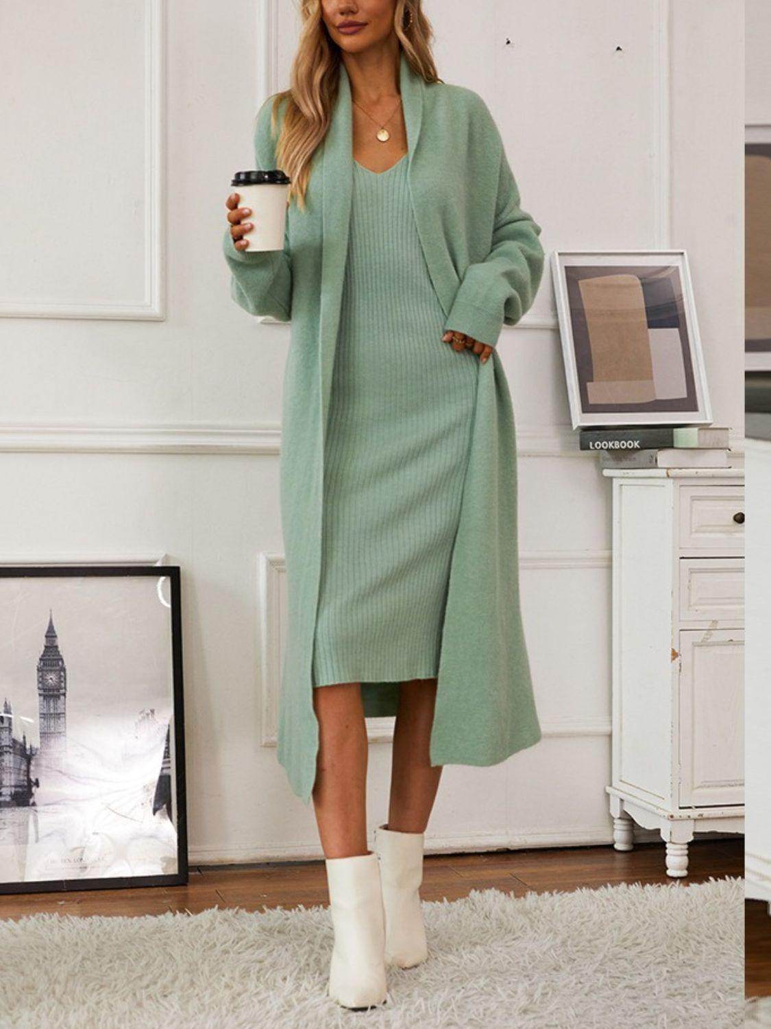 V-Neck Cami Dress and Open Front Cardigan Sweater Set - Selvanelle
