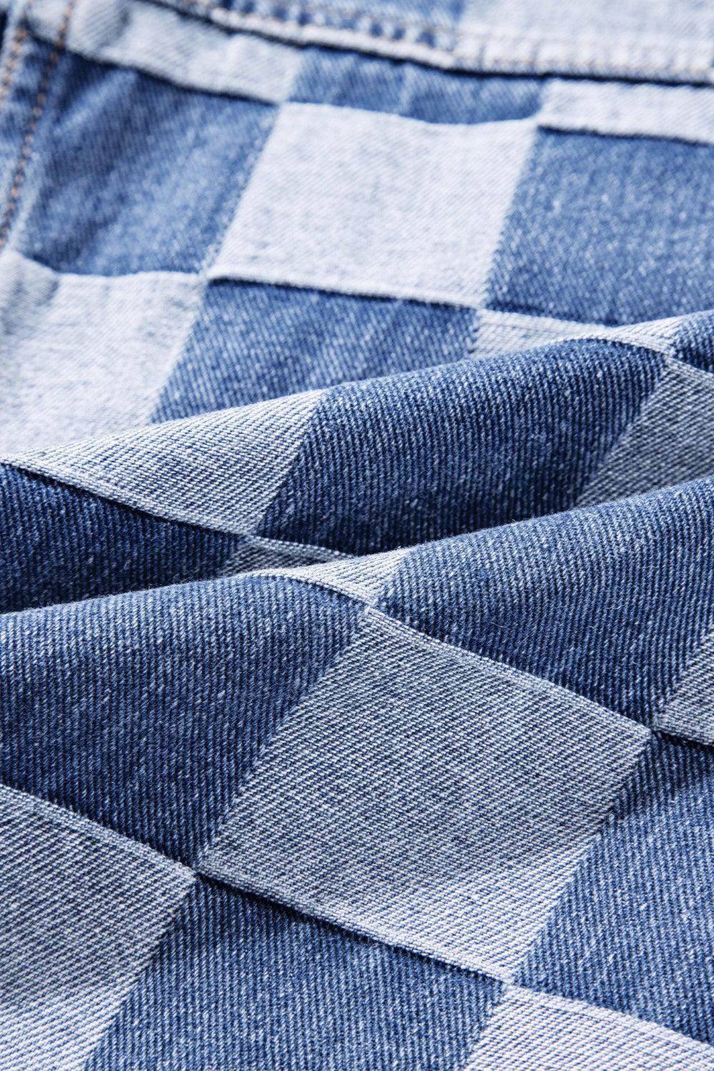 Checkered Button Up Long Sleeve Denim Jacket for Women - Selvanelle