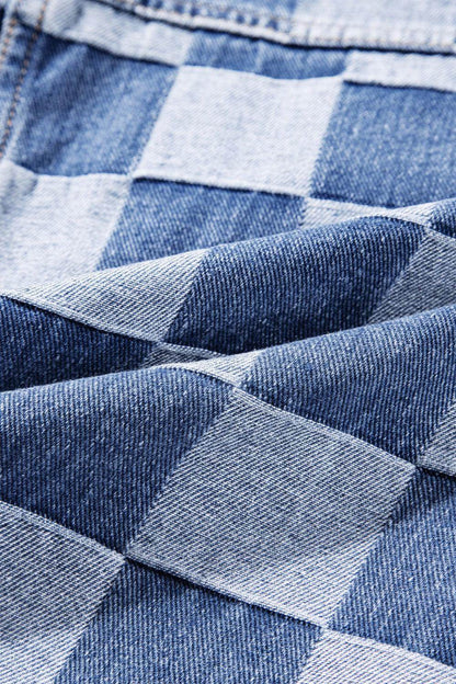 Checkered Button Up Long Sleeve Denim Jacket for Women - Selvanelle