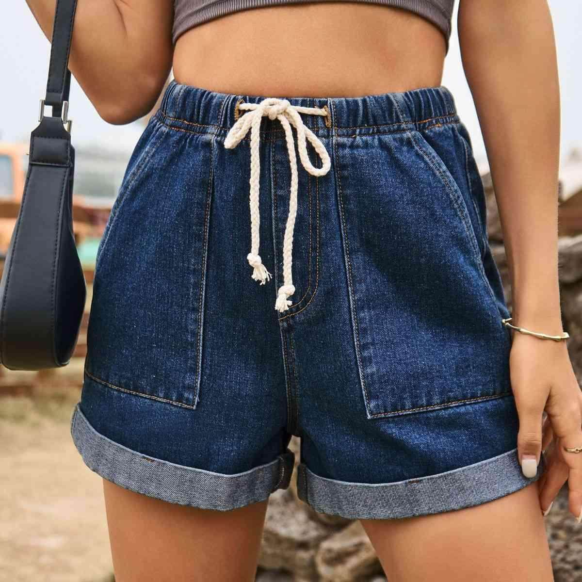 Drawstring High Waist Denim Shorts with Pockets for Women - Selvanelle