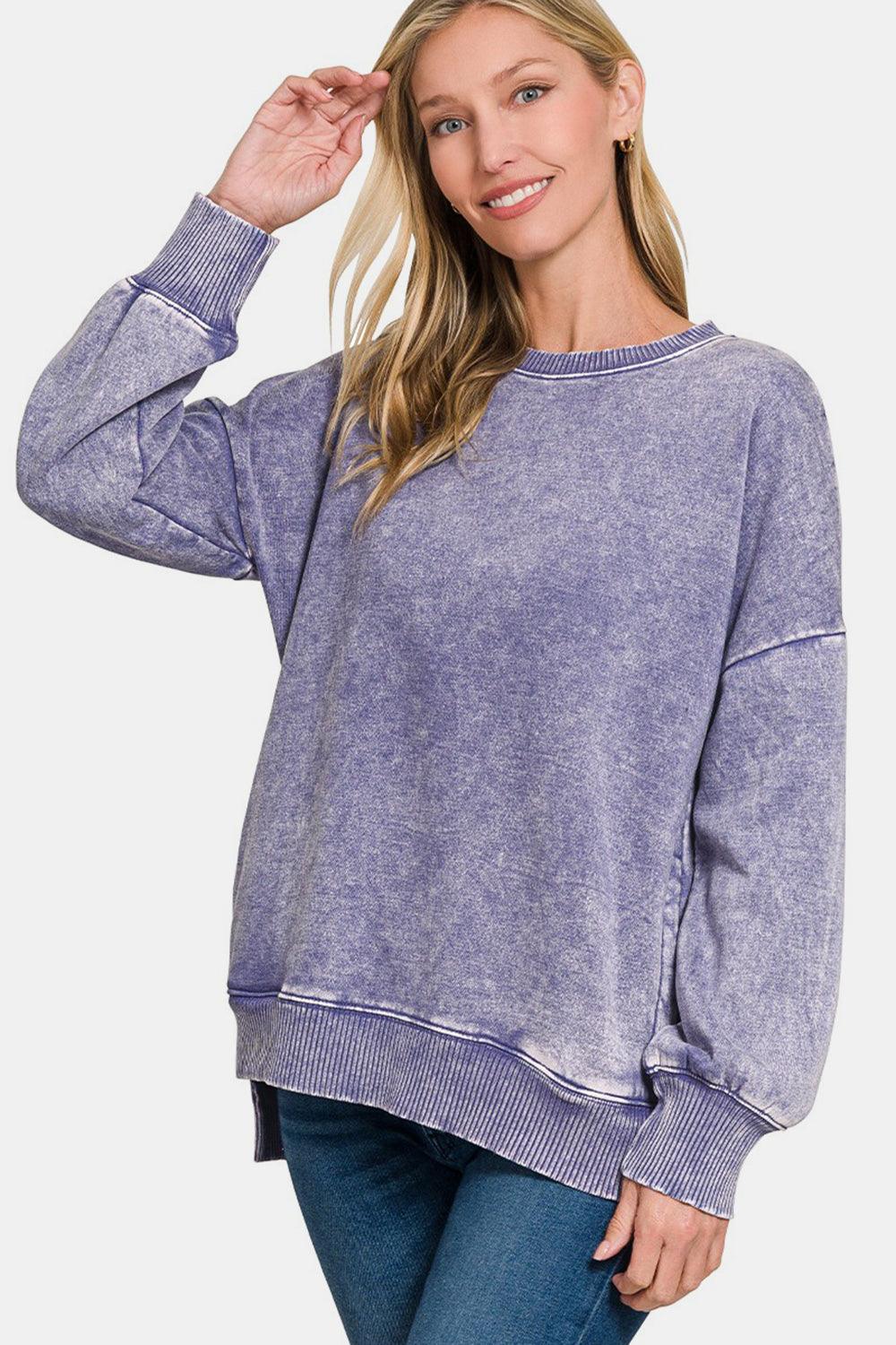 Zenana High-Low Acid Wash Fleece Sweatshirt for Women