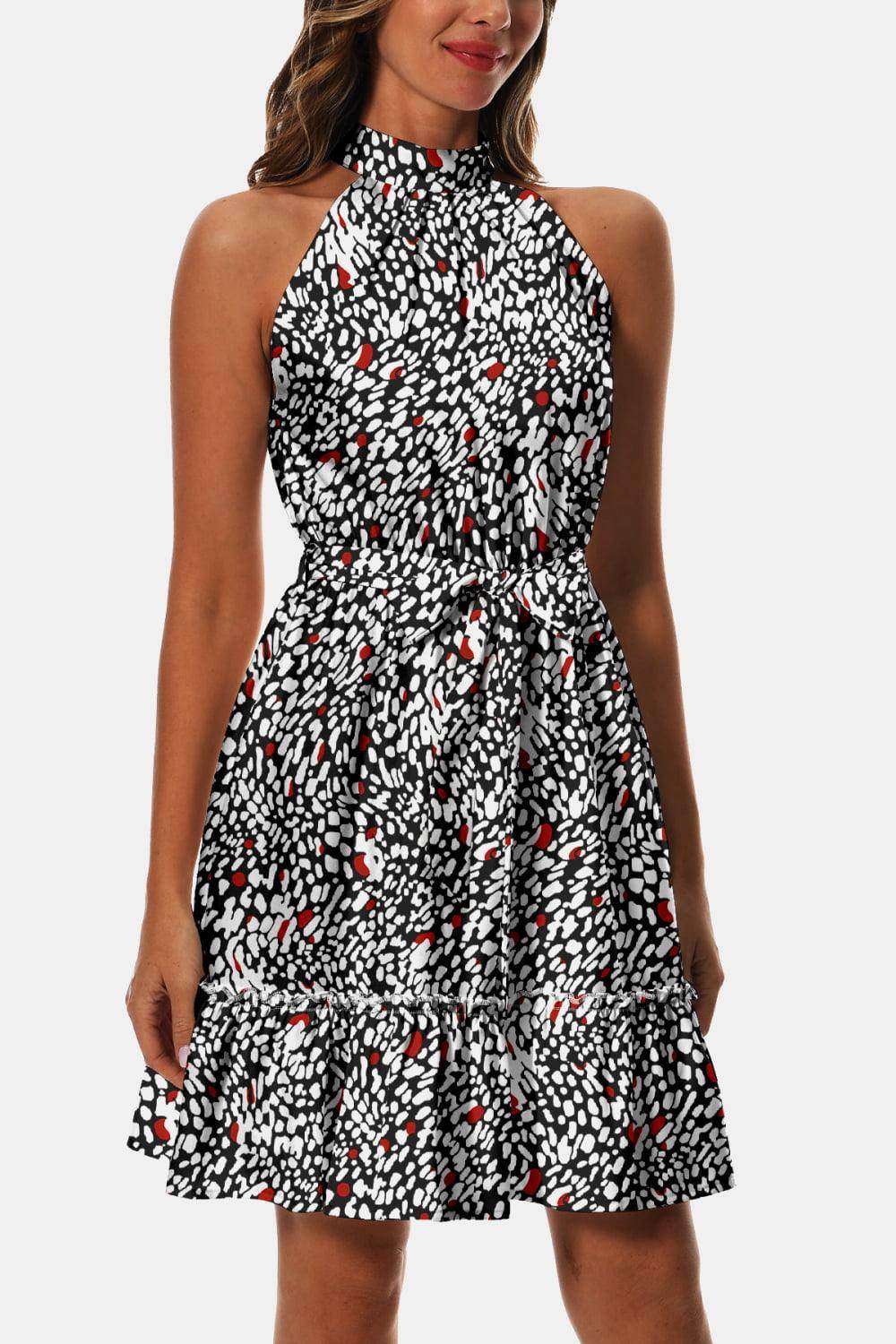 Printed Tie Waist Frill Trim Dress for Chic Summer Style - Selvanelle