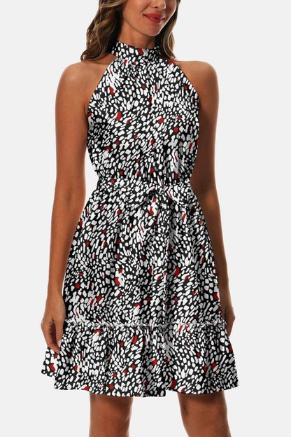Printed Tie Waist Frill Trim Dress for Chic Summer Style - Selvanelle