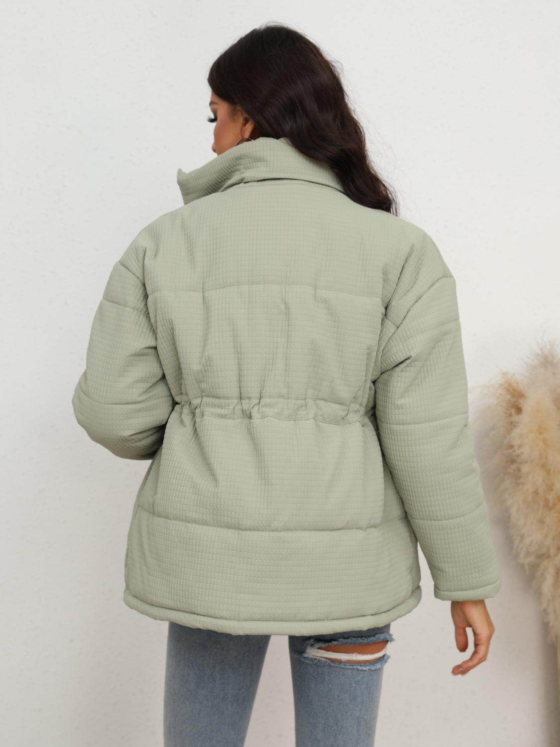 Drawstring Waist Zip-Up Puffer Jacket for Women Stylish Warmth - Selvanelle