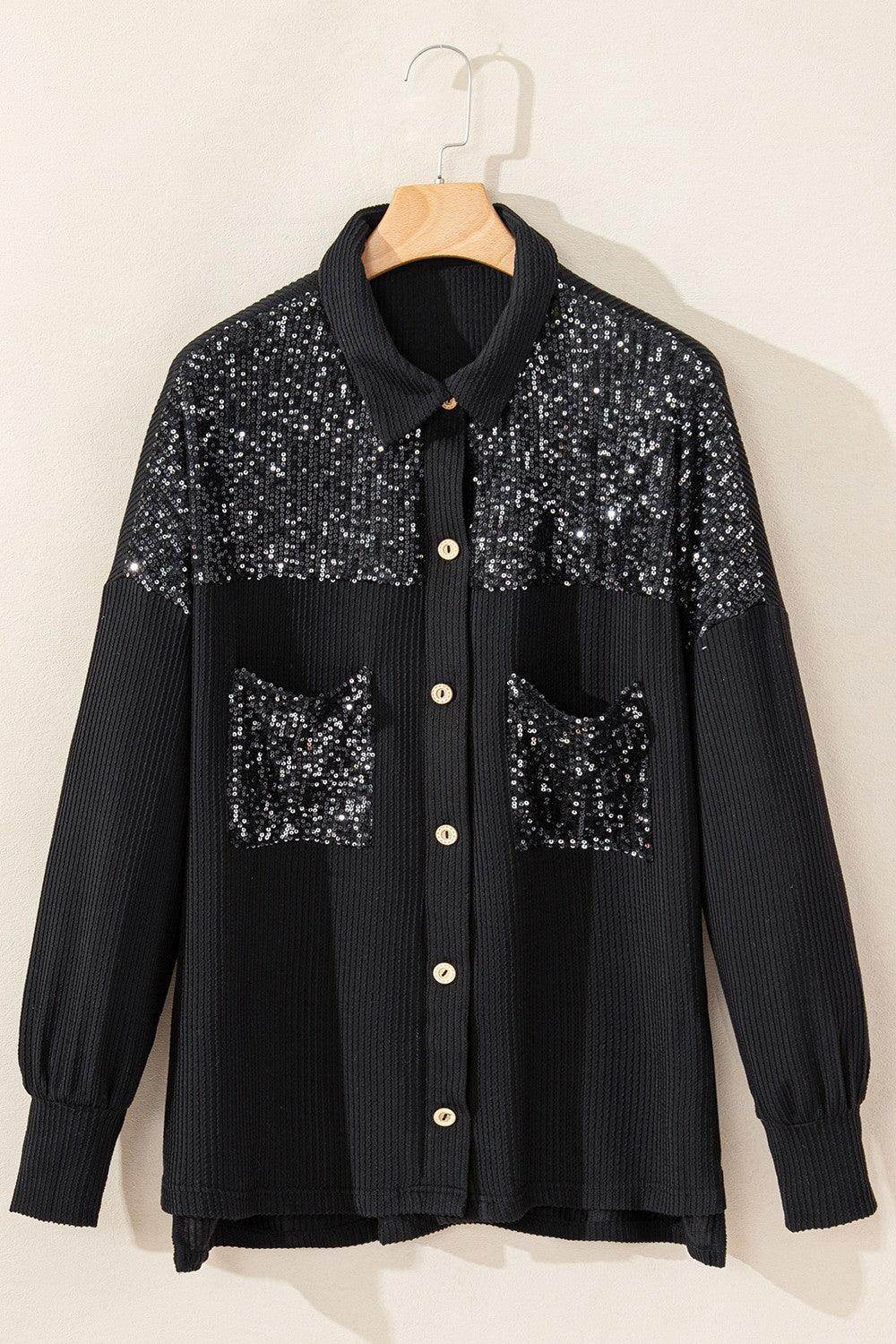Sequin Button Up Dropped Shoulder Jacket for Women - Selvanelle