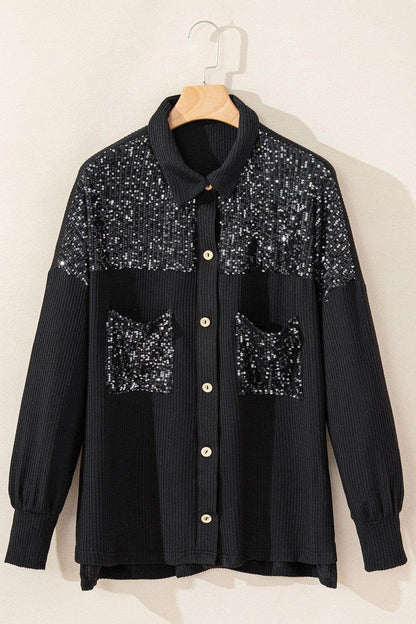 Sequin Button Up Dropped Shoulder Jacket for Women - Selvanelle
