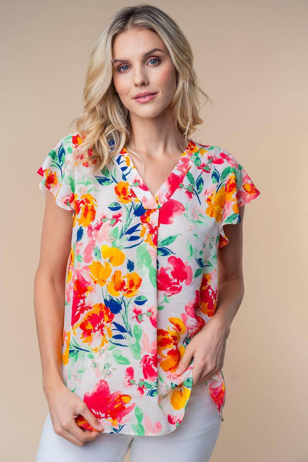 White Birch Full Size Short Sleeve Floral Woven Top for Women - Selvanelle