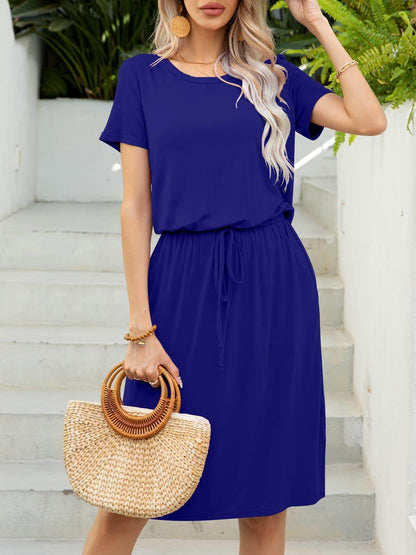 Round Neck Short Sleeve Slit Dress with Pockets for Women - Selvanelle