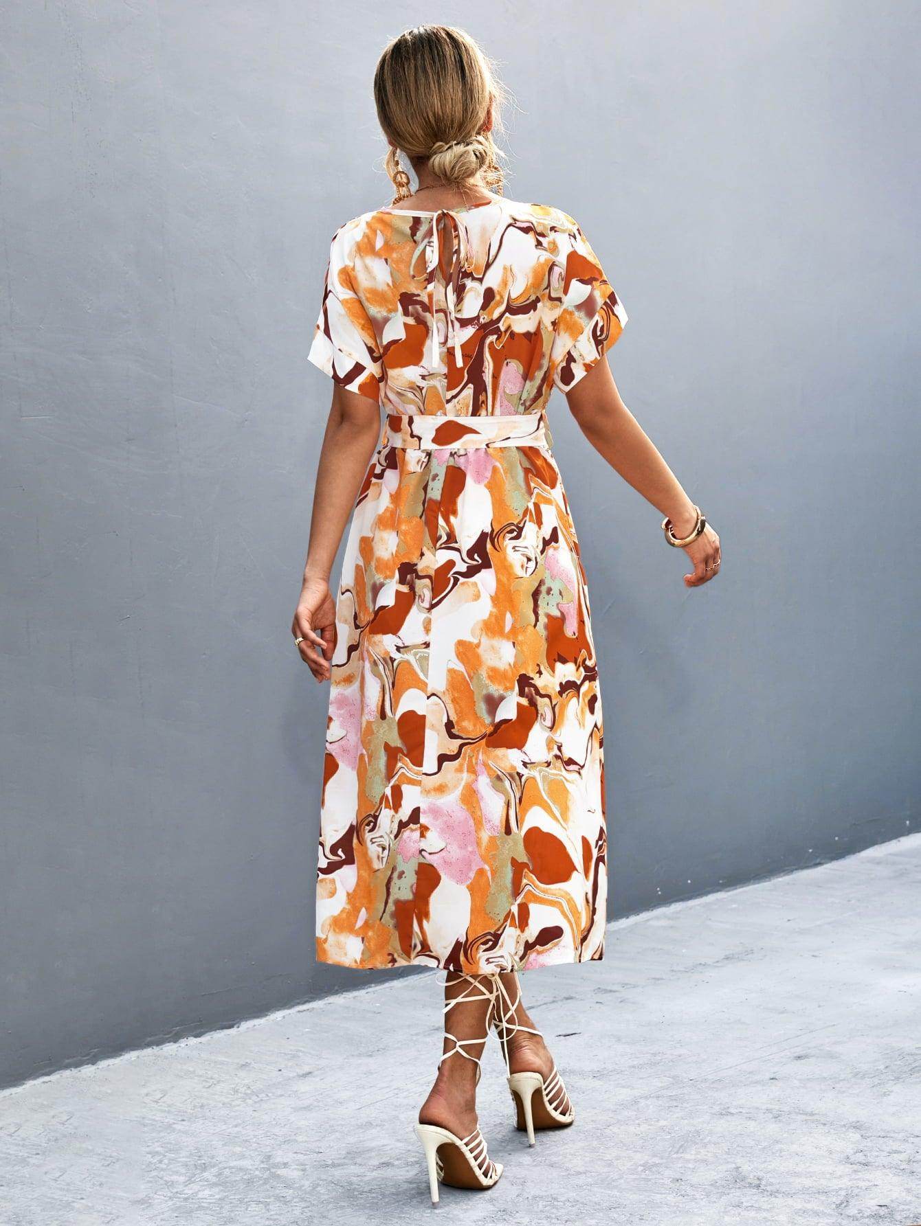 Round Neck Short Sleeve Tie Waist Midi Dress for Women - Selvanelle
