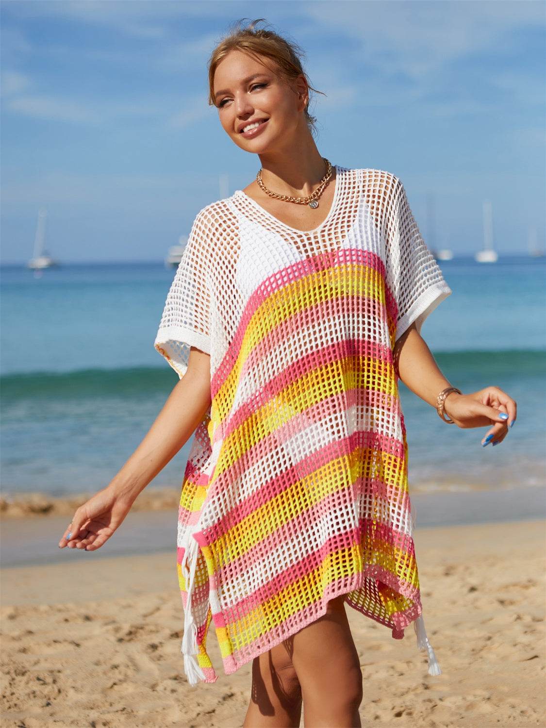 Angel Wings Cutout Striped Cover-Up with Tassel - Selvanelle