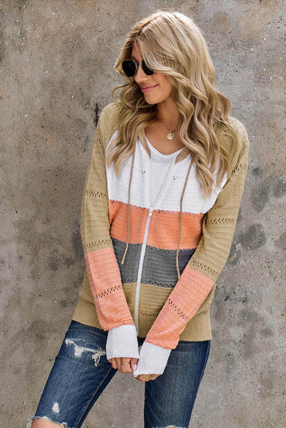 Zip-Up Raglan Sleeve Openwork Hooded Cardigan for Women - Selvanelle