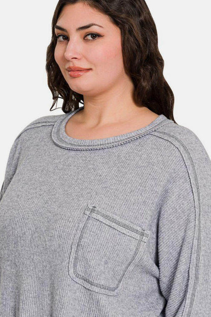 Zenana Full Size Contrast Stitching Brushed Ribbed Top - Selvanelle