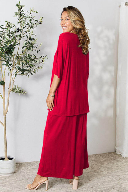 Double Take Full Size Round Neck Slit Top and Pants Set - Selvanelle