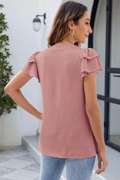 Ruffled Notched Short Sleeve Blouse for Women Fashion - Selvanelle