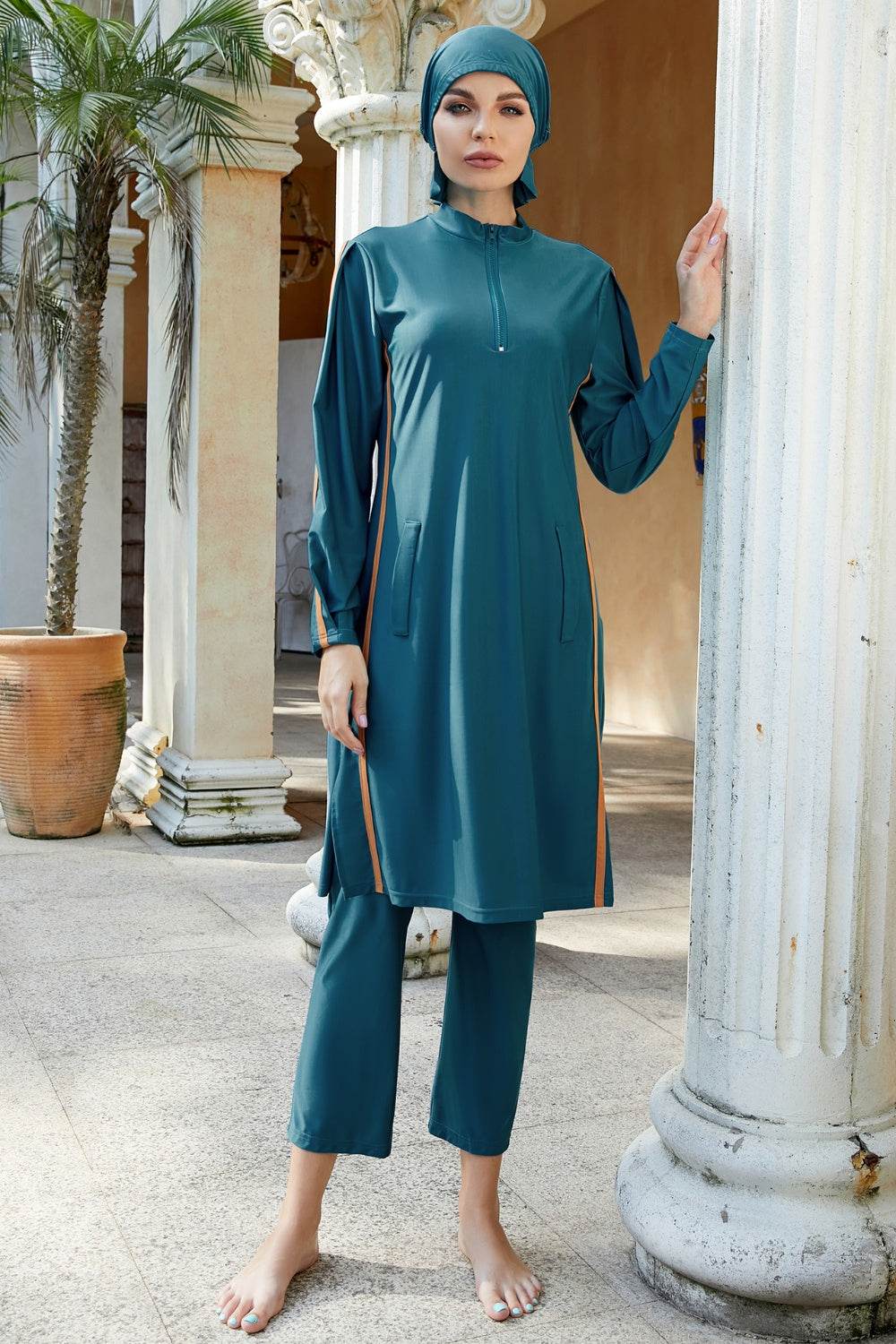 Cap, Quarter Zip Top and Pants Swim Set - Selvanelle
