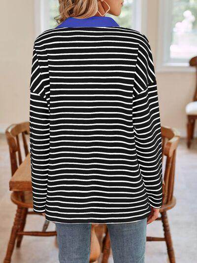 Lovelet Striped Johnny Collar Long Sleeve T-Shirt for Women - Selvanelle