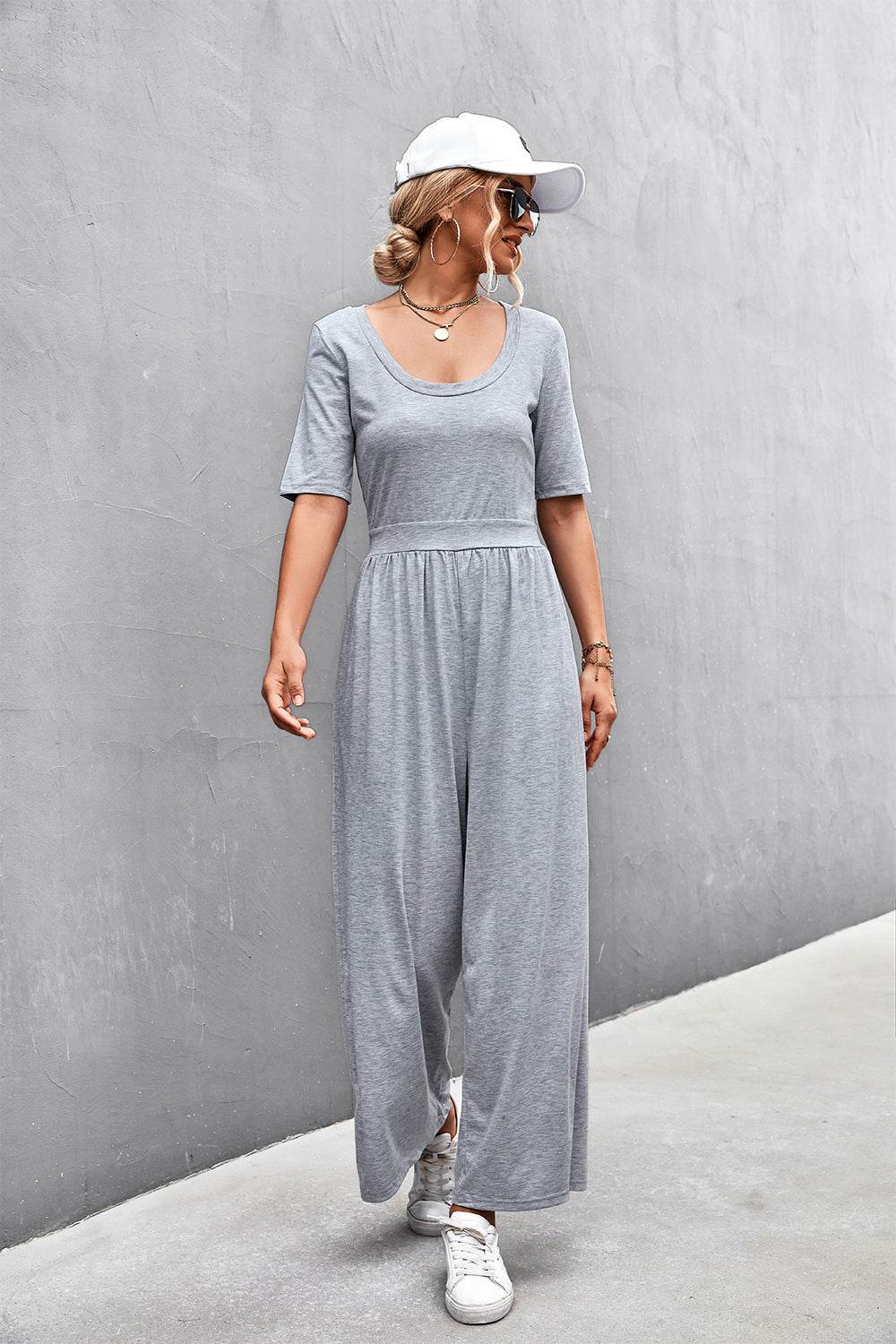 Scoop Neck Half Sleeve Wide Leg Jumpsuit - Selvanelle