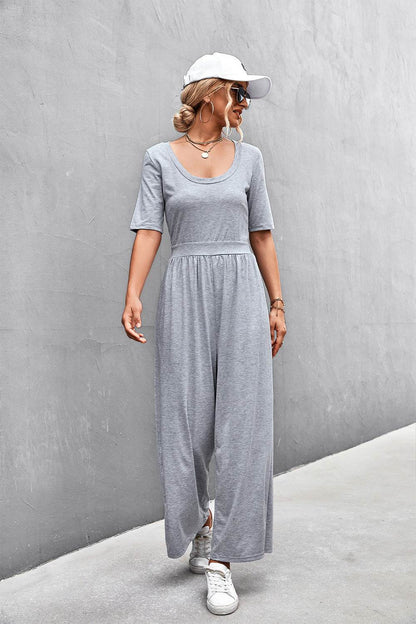 Scoop Neck Half Sleeve Wide Leg Jumpsuit - Selvanelle