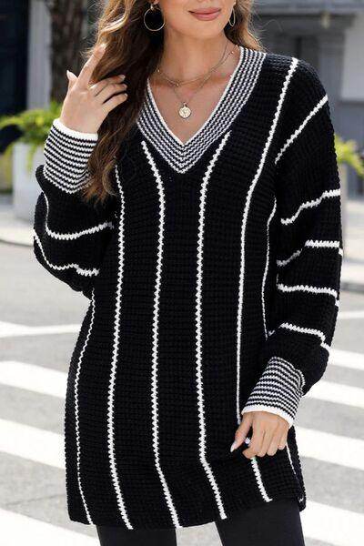 Striped V-Neck Long Sleeve Sweater for Women Fashion - Selvanelle