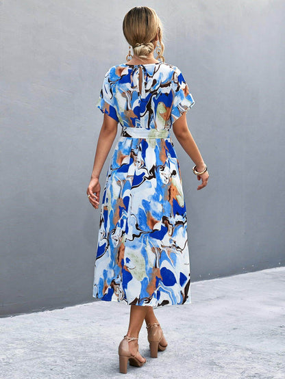 Round Neck Short Sleeve Tie Waist Midi Dress for Women - Selvanelle
