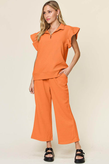Double Take Texture Ruffle Short Sleeve Top and Pants Set - Selvanelle