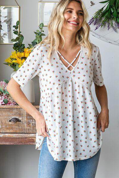 Heimish Full Size Crisscross Ditsy Floral Babydoll Top Plus Size - Selvanelle