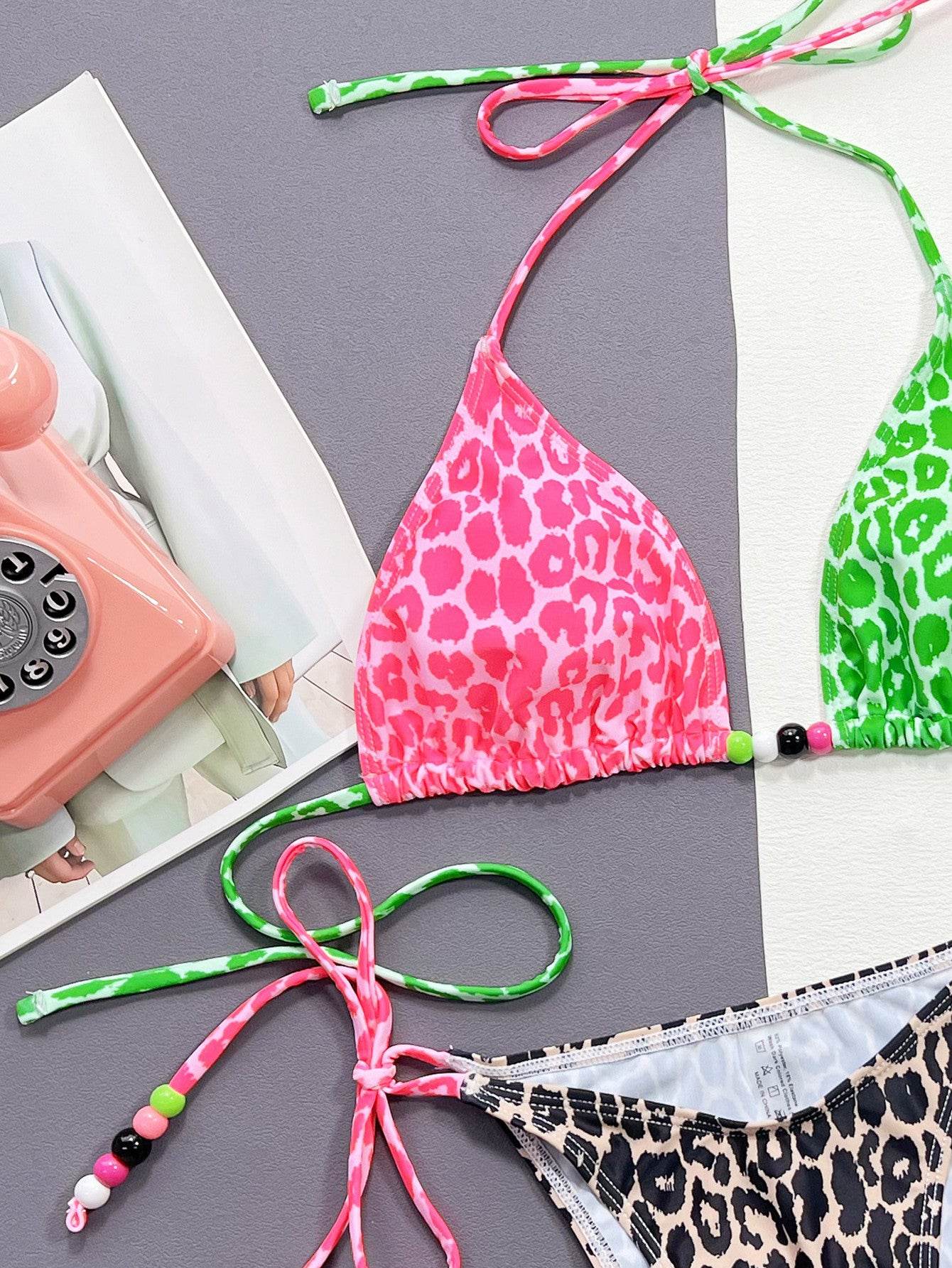 Leopard Tied Halter Neck Bikini Set - Selvanelle